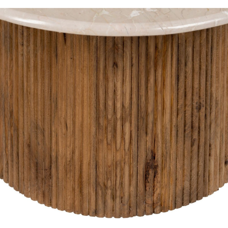 Table basse moderne chic Ronde 76 cm en Marbre Blanc crème Bois de manguier Naturel Relina - 6