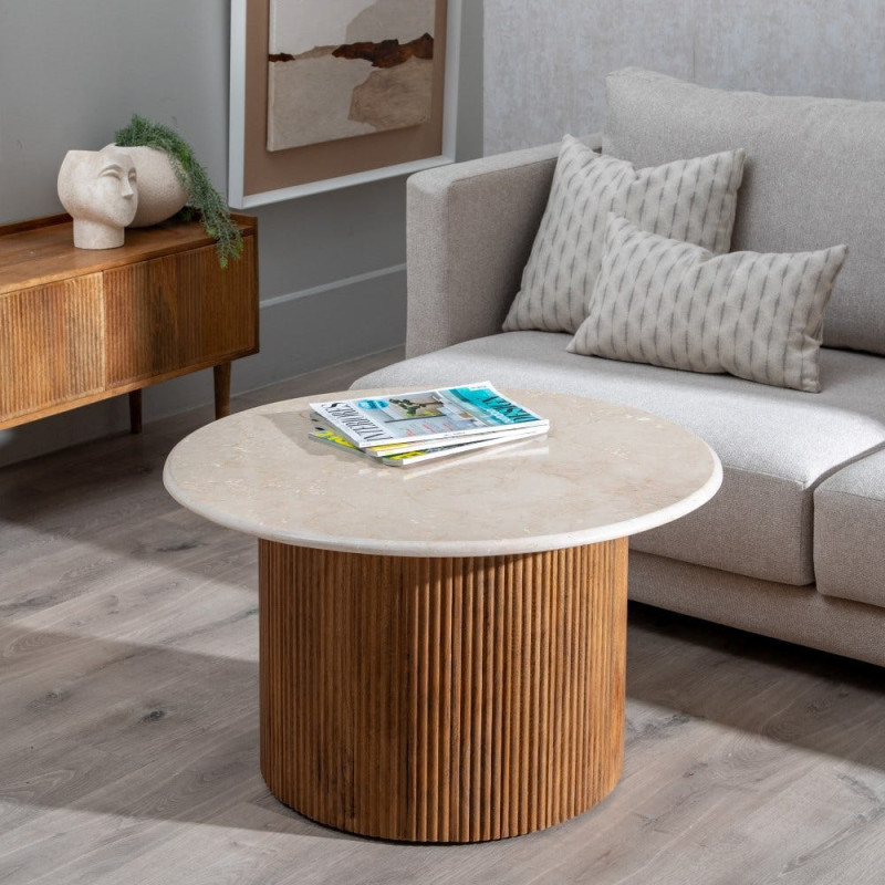 Table basse moderne chic Ronde 76 cm en Marbre Blanc crème Bois de manguier Naturel Relina - 2