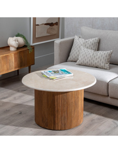 Table basse moderne chic Ronde 76 cm en Marbre Blanc crème Bois de manguier Naturel Relina - 2
