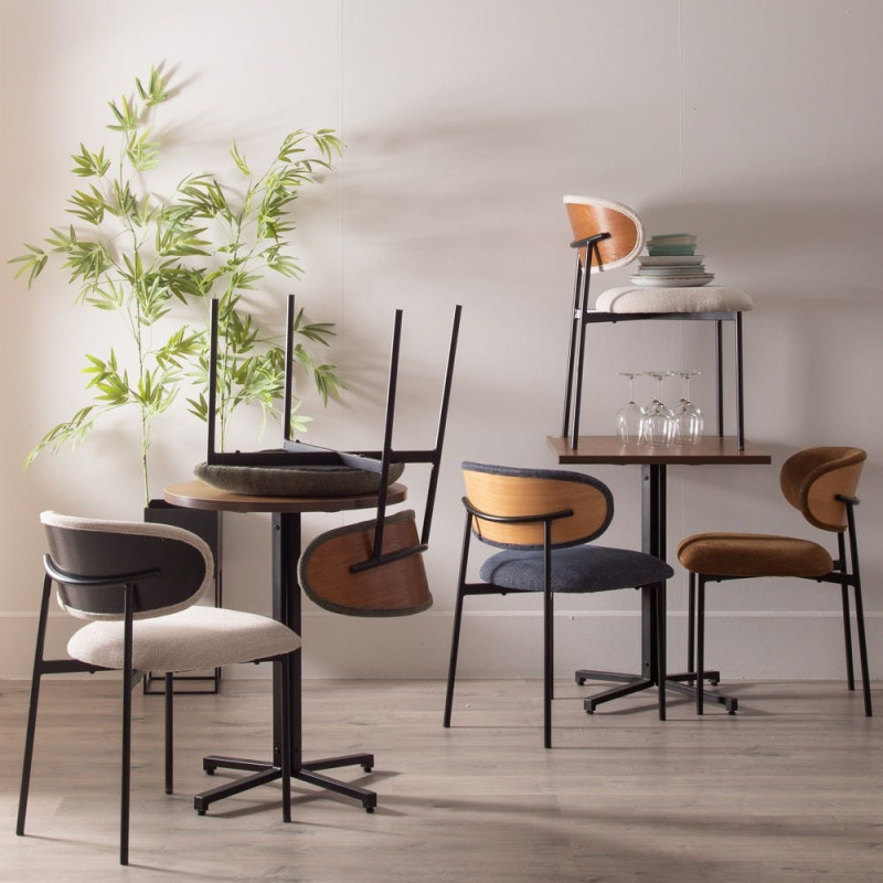 Chaise vintage style années 70 Tissu Bleu Métal Noir Bois contreplaqué Naturel Zalina (Lot de 4) - 12