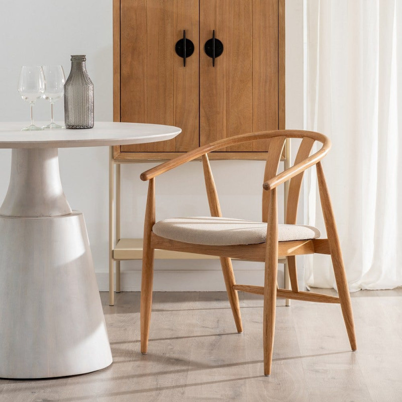 Fauteuil de table vintage scandinave Bois de chêne Naturel Tissu Beige Quinio - 2