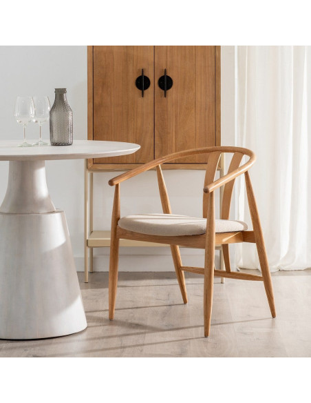 Fauteuil de table vintage scandinave Bois de chêne Naturel Tissu Beige Quinio - 2