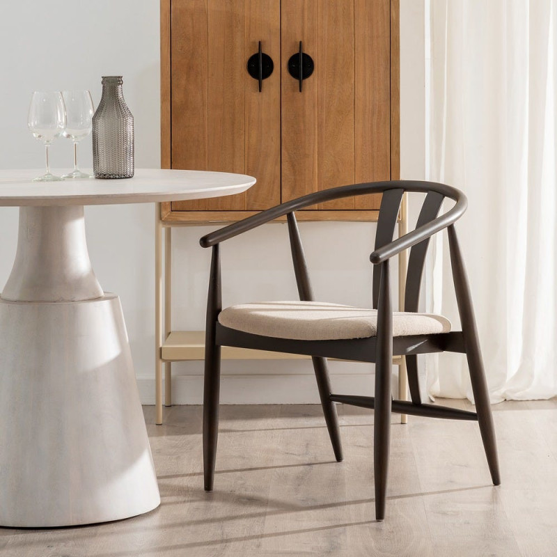 Fauteuil de table vintage scandinave Bois de chêne Noir Tissu Beige Quinio - 2