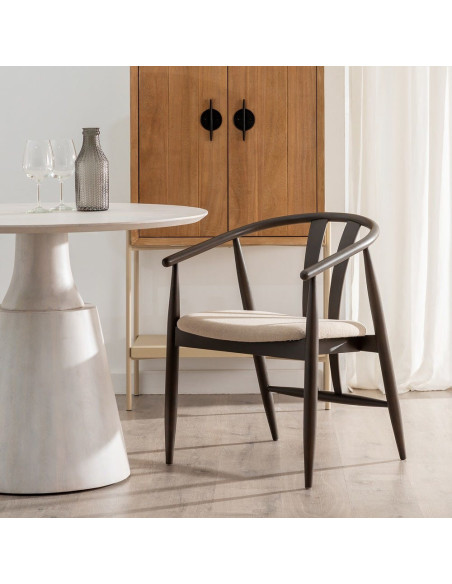 Fauteuil de table vintage scandinave Bois de chêne Noir Tissu Beige Quinio - 2