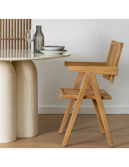 Fauteuil de table vintage chic Bois d'hévéa Rotin Naturel Cannage Bravio (Lot de 2) - 2