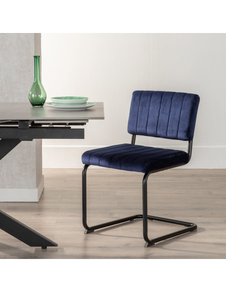 Chaise industrielle chic Luge Tissu Bleu Matelassé Métal Noir Nivira - 2