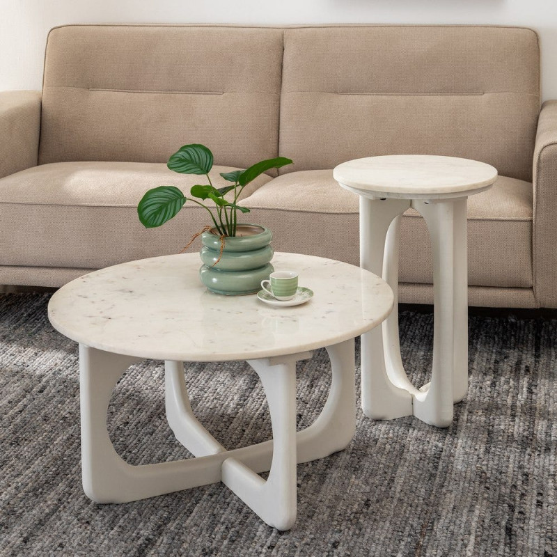 Table basse moderne chic Ronde 75 cm en Bois de manguier Marbre Blanc Tolia - 2