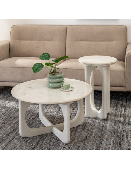 Table basse moderne chic Ronde 75 cm en Bois de manguier Marbre Blanc Tolia - 2