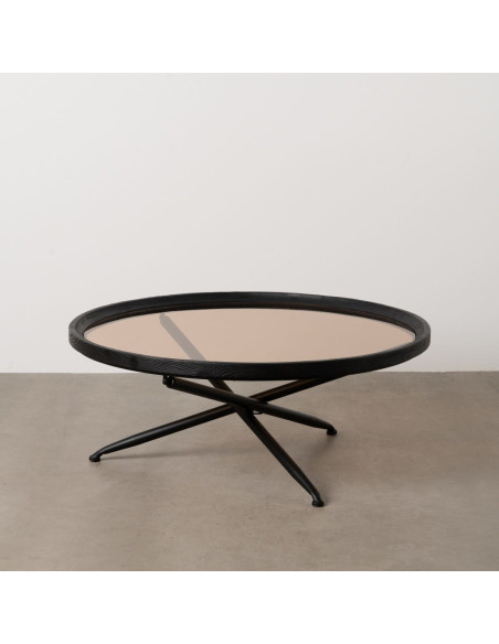 Grande Table basse industrielle chic Ronde 100 cm en Bois de sapin Noir Verre trempé Transparent Fumé Zoriel - 7