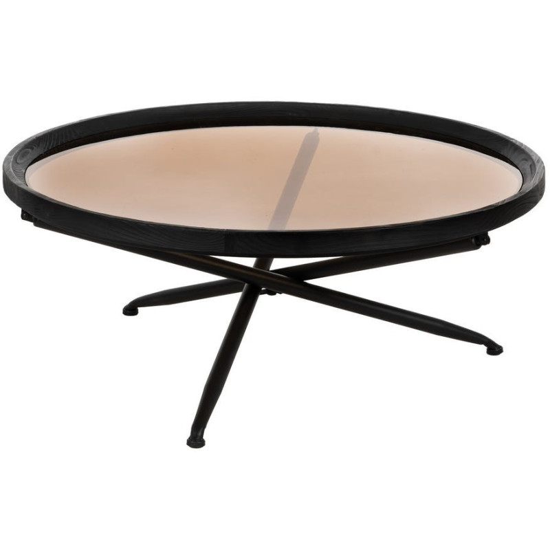 Grande Table basse industrielle chic Ronde 100 cm en Bois de sapin Noir Verre trempé Transparent Fumé Zoriel - 1