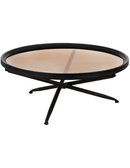 Grande Table basse industrielle chic Ronde 100 cm en Bois de sapin Noir Verre trempé Transparent Fumé Zoriel - 1