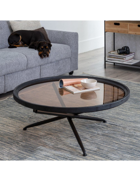 Grande Table basse industrielle chic Ronde 100 cm en Bois de sapin Noir Verre trempé Transparent Fumé Zoriel - 2
