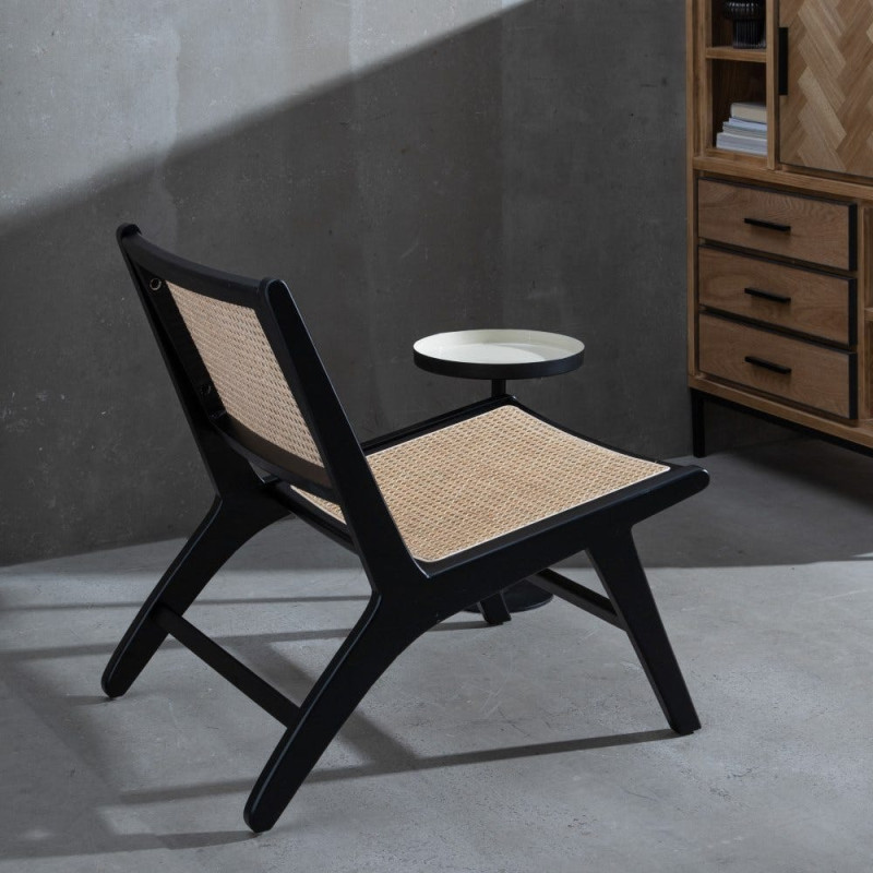 Fauteuil Bas en Bois d'hévéa Noir Rotin Naturel Gino - 2
