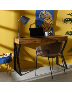 Bureau industriel chic 2 tiroirs Bois de manguier Naturel Métal Noir Carimo - 10