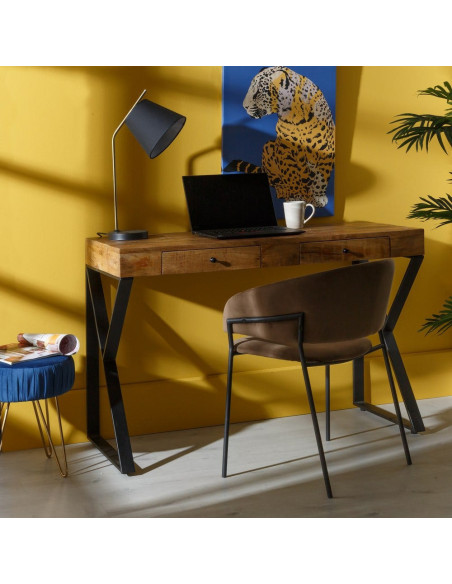 Bureau industriel chic 2 tiroirs Bois de manguier Naturel Métal Noir Carimo - 10