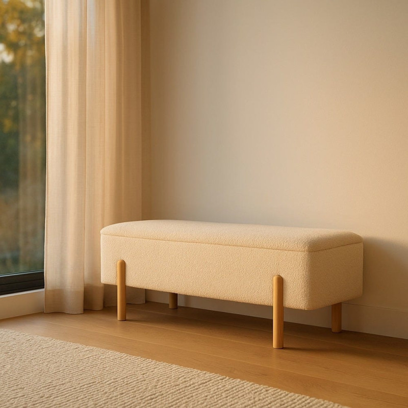 Banquette Bouclette Ovale 2 places Avec coffre de rangement Tissu Blanc crème Bouclé Bois de pin Naturel Bois MDF Kalian - 1