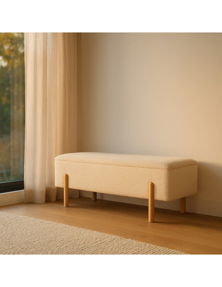 Banquette Bouclette Ovale 2 places Avec coffre de rangement Tissu Blanc crème Bouclé Bois de pin Naturel Bois MDF Kalian - 1