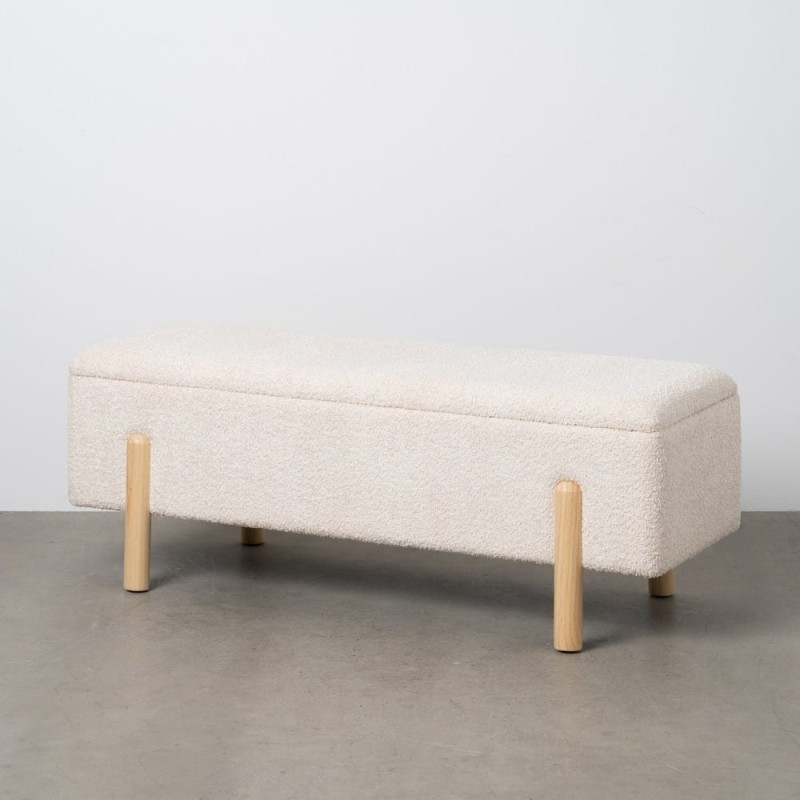 Banquette Bouclette Ovale 2 places Avec coffre de rangement Tissu Blanc crème Bouclé Bois de pin Naturel Bois MDF Kalian - 10