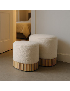 Pouf Bouclette Ovale Avec coffre de rangement Tissu Blanc crème Bouclé Bois de pin Naturel Bois MDF Doreta (Lot de 2) - 1