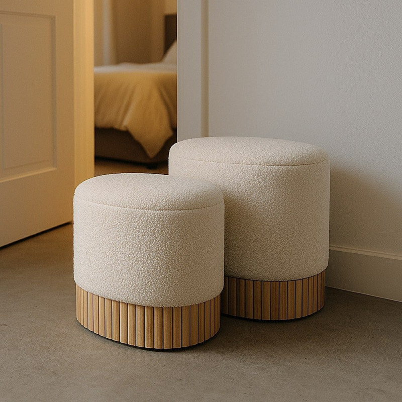 Pouf Bouclette Ovale Avec coffre de rangement Tissu Blanc crème Bouclé Bois de pin Naturel Bois MDF Doreta (Lot de 2) - 1