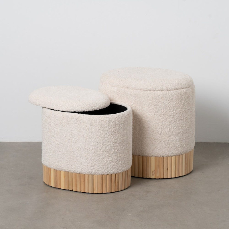 Pouf Bouclette Ovale Avec coffre de rangement Tissu Blanc crème Bouclé Bois de pin Naturel Bois MDF Doreta (Lot de 2) - 2
