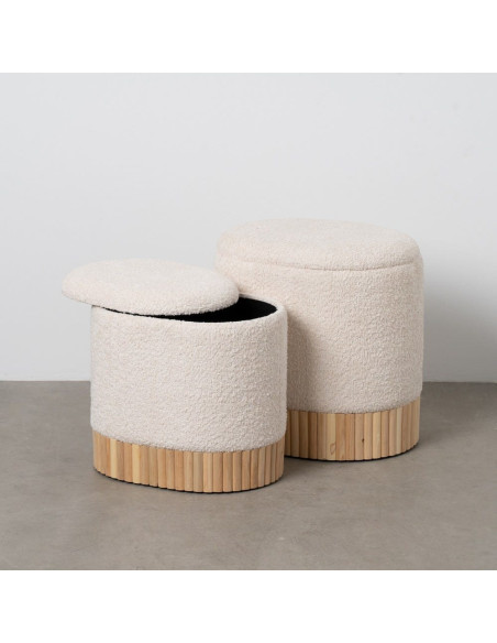 Pouf Bouclette Ovale Avec coffre de rangement Tissu Blanc crème Bouclé Bois de pin Naturel Bois MDF Doreta (Lot de 2) - 2