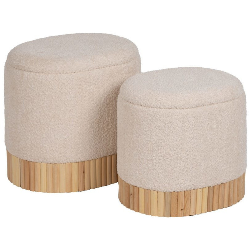Pouf Bouclette Ovale Avec coffre de rangement Tissu Blanc crème Bouclé Bois de pin Naturel Bois MDF Doreta (Lot de 2) - 3