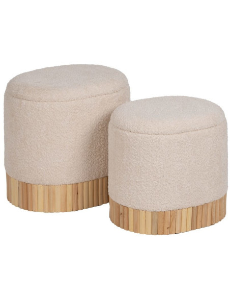 Pouf Bouclette Ovale Avec coffre de rangement Tissu Blanc crème Bouclé Bois de pin Naturel Bois MDF Doreta (Lot de 2) - 3