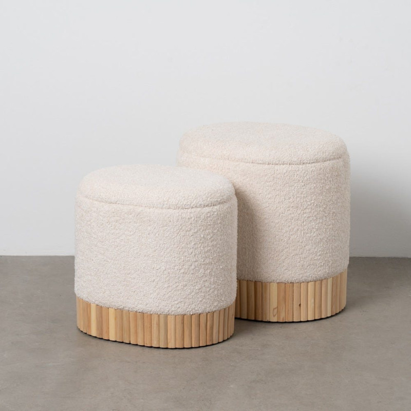 Pouf Bouclette Ovale Avec coffre de rangement Tissu Blanc crème Bouclé Bois de pin Naturel Bois MDF Doreta (Lot de 2) - 9