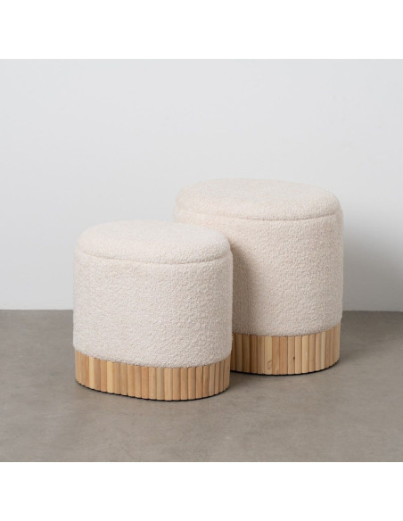 Pouf Bouclette Ovale Avec coffre de rangement Tissu Blanc crème Bouclé Bois de pin Naturel Bois MDF Doreta (Lot de 2) - 9