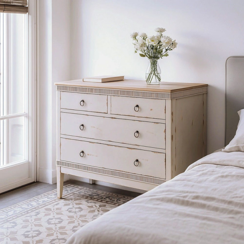 Commode 4 tiroirs crème et bois naturel 115x45x90 cm Soreta Ixia - 2