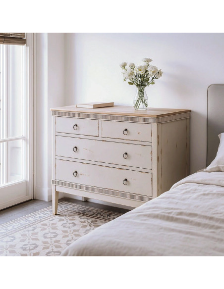 Commode 4 tiroirs crème et bois naturel 115x45x90 cm Soreta Ixia - 2