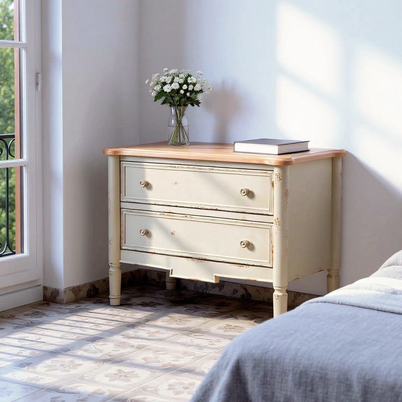 Petite commode 2 tiroirs crème et bois naturel sapin MDF 80x45x60 cm Pirina Ixia - 2