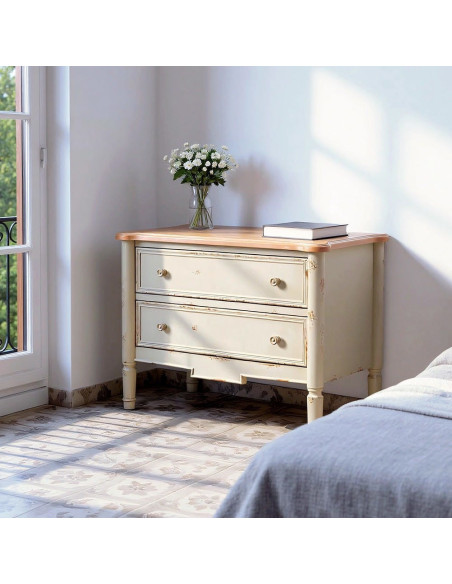 Petite commode 2 tiroirs crème et bois naturel sapin MDF 80x45x60 cm Pirina Ixia - 2