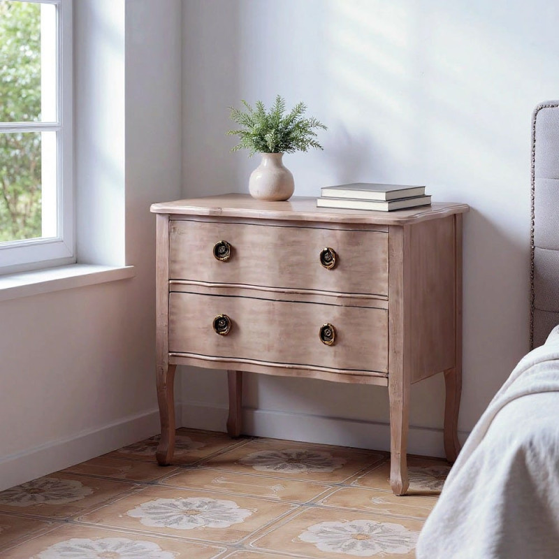 Petite Commode style Louis XV 2 tiroirs Bois de sapin Marron clair Vieilli Noreta - 7