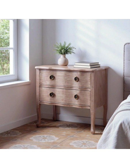 Petite Commode style Louis XV 2 tiroirs Bois de sapin Marron clair Vieilli Noreta - 7
