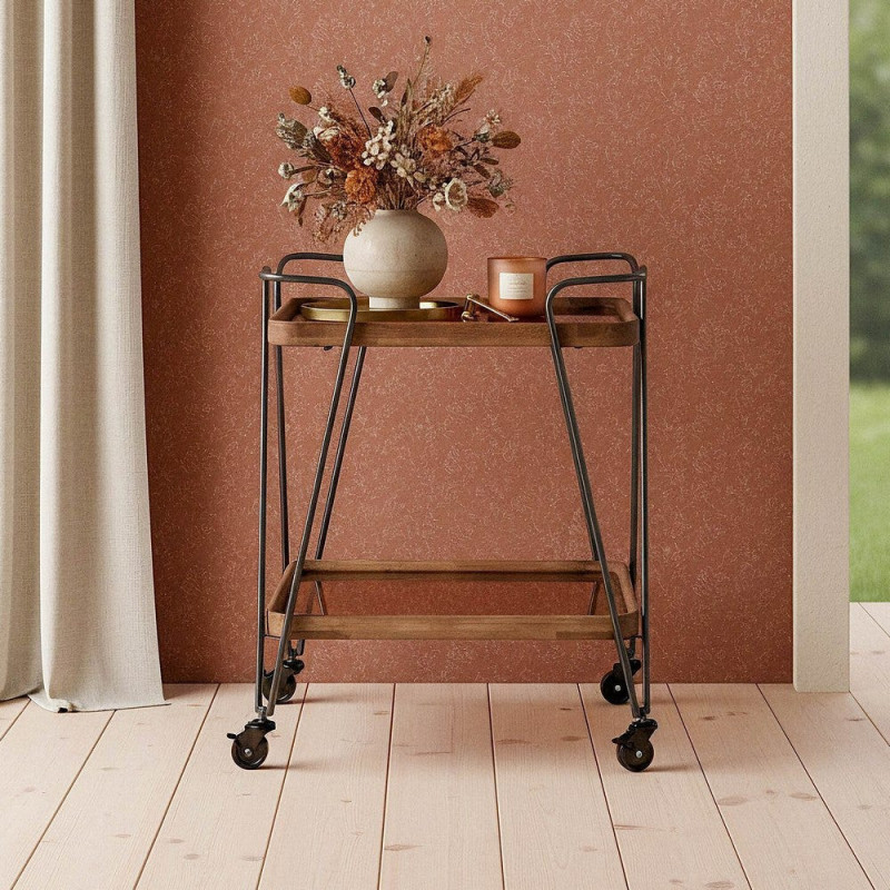 Desserte rétro chic à roulettes Carrée 2 niveaux en Verre Transparent Métal Argenté Bois d'hévéa Naturel Tivian - 2