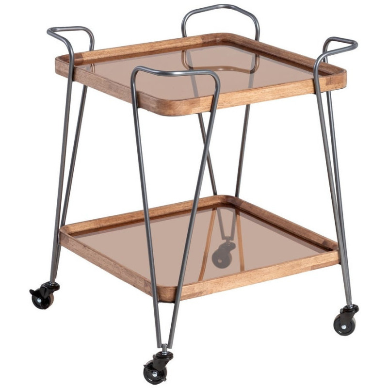 Desserte rétro chic à roulettes Carrée 2 niveaux en Verre Transparent Métal Argenté Bois d'hévéa Naturel Tivian - 1