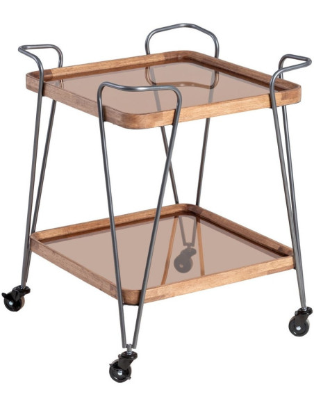 Desserte rétro chic à roulettes Carrée 2 niveaux en Verre Transparent Métal Argenté Bois d'hévéa Naturel Tivian - 1
