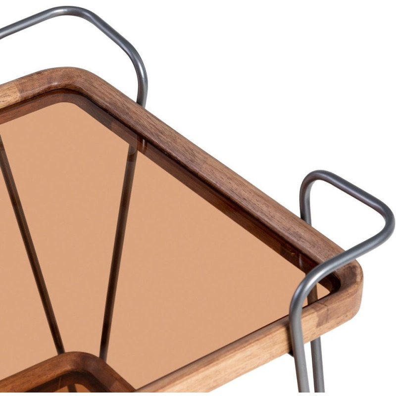 Desserte rétro chic à roulettes Carrée 2 niveaux en Verre Transparent Métal Argenté Bois d'hévéa Naturel Tivian - 3