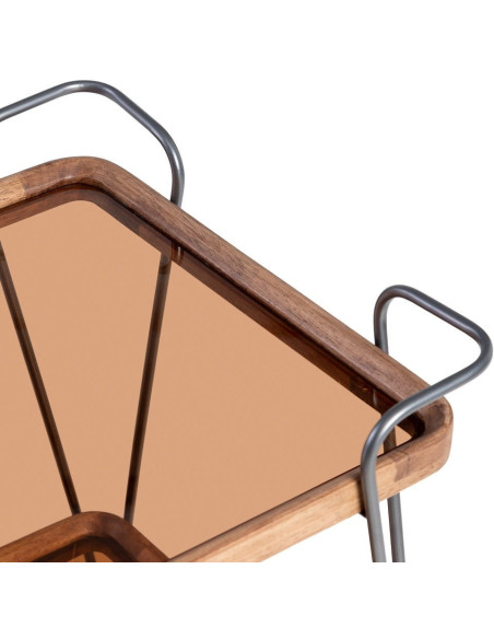 Desserte rétro chic à roulettes Carrée 2 niveaux en Verre Transparent Métal Argenté Bois d'hévéa Naturel Tivian - 3