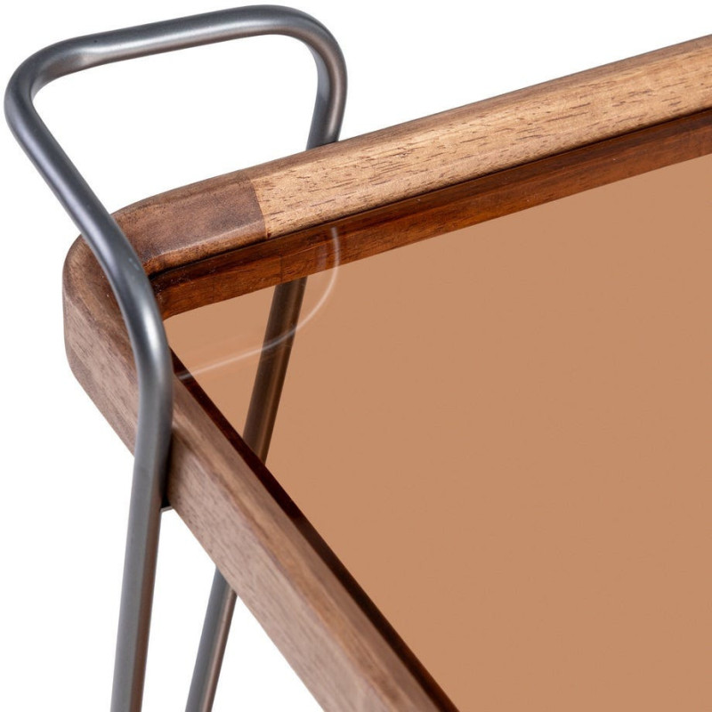 Desserte rétro chic à roulettes Carrée 2 niveaux en Verre Transparent Métal Argenté Bois d'hévéa Naturel Tivian - 5