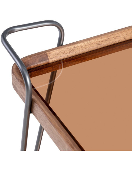 Desserte rétro chic à roulettes Carrée 2 niveaux en Verre Transparent Métal Argenté Bois d'hévéa Naturel Tivian - 5