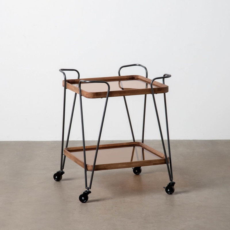 Desserte rétro chic à roulettes Carrée 2 niveaux en Verre Transparent Métal Argenté Bois d'hévéa Naturel Tivian - 7