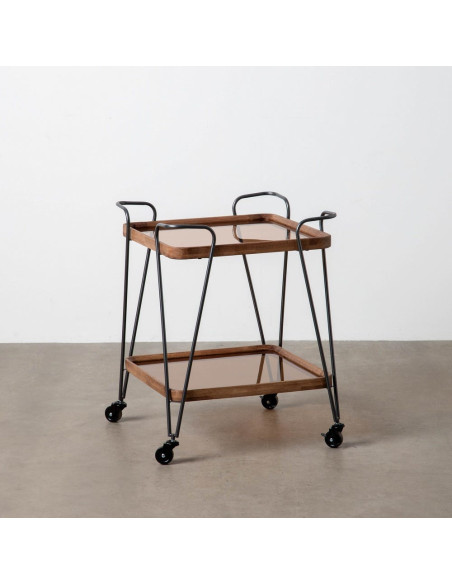 Desserte rétro chic à roulettes Carrée 2 niveaux en Verre Transparent Métal Argenté Bois d'hévéa Naturel Tivian - 7