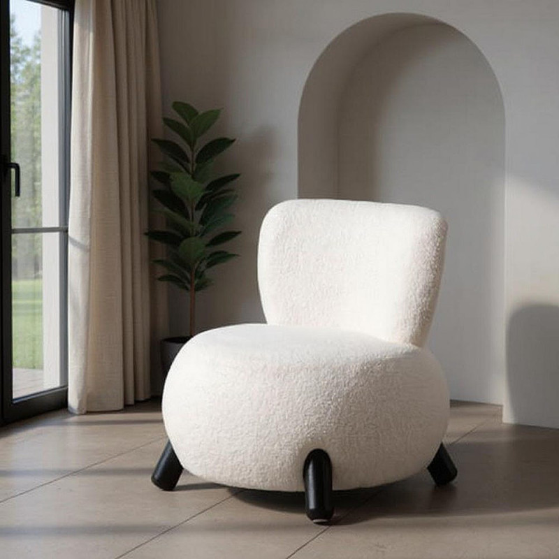 Fauteuil original Boule Tissu Blanc Bouclé Bois d'hévéa Noir Melino - 2