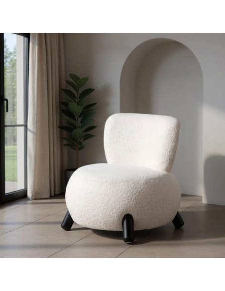 Fauteuil original Boule Tissu Blanc Bouclé Bois d'hévéa Noir Melino - 2