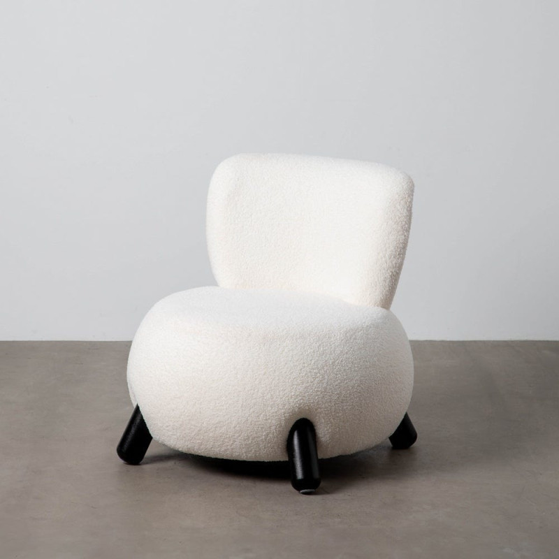 Fauteuil original Boule Tissu Blanc Bouclé Bois d'hévéa Noir Melino - 8