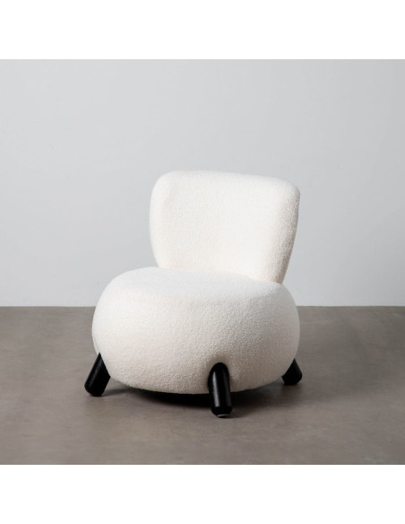 Fauteuil original Boule Tissu Blanc Bouclé Bois d'hévéa Noir Melino - 8