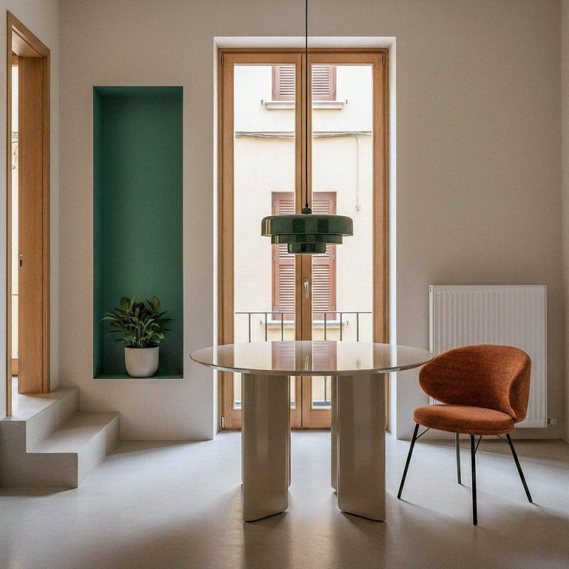 Table à manger moderne chic Ronde 4 personnes Bois MDF Taupe Brillant Dorina - 1